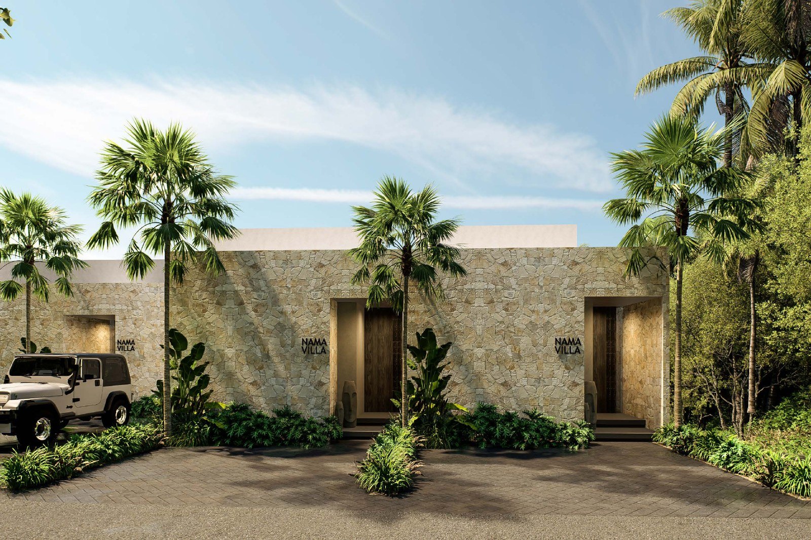 Stone entrance facade and carport render, Villa Yeh Gangga, Tabanan, Bali