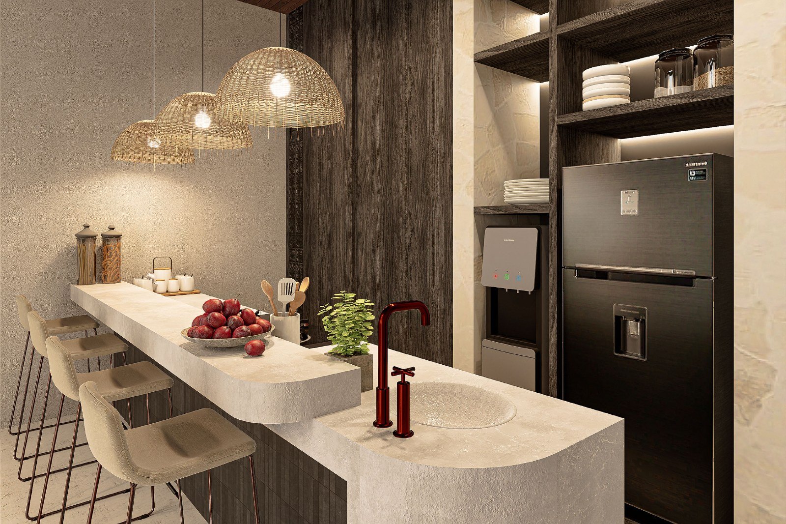 Kitchen island interior render, Villa Yeh Gangga, Tabanan, Bali