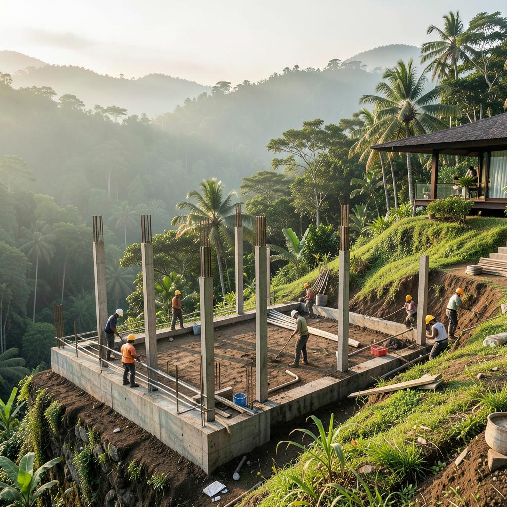 Foundation works on the hillside at Buahan Villas construction site, Payangan, Ubud, Bali