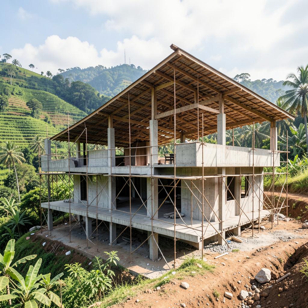 Concrete structure and roof frame at Buahan Villas, Payangan, Ubud, Bali