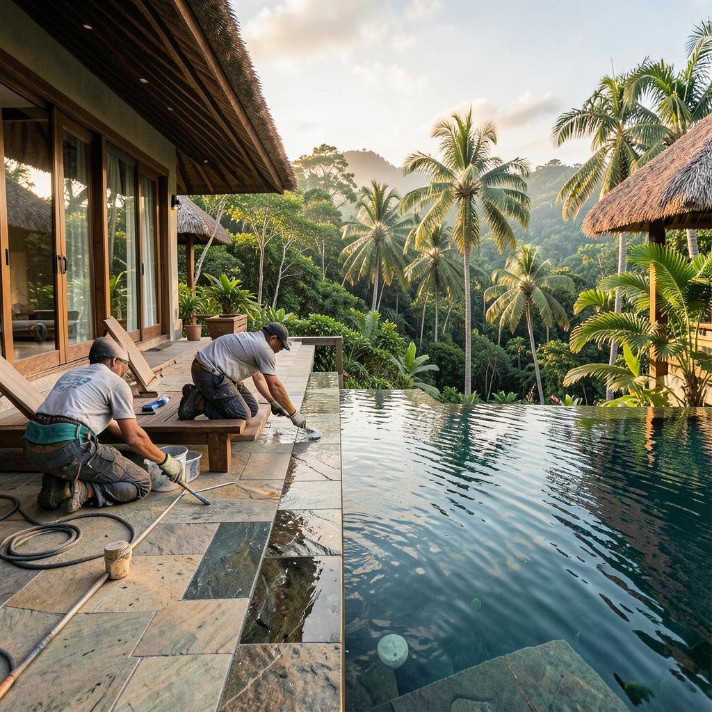 Stone terrace and pool edge finishing at Buahan Villas, Payangan, Ubud, Bali