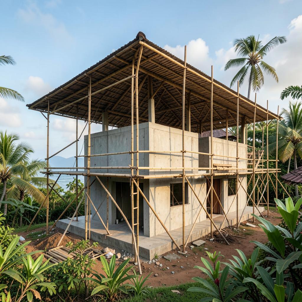 Villa structure and roof frame rising at Yeh Gangga Villas, Tabanan, Bali