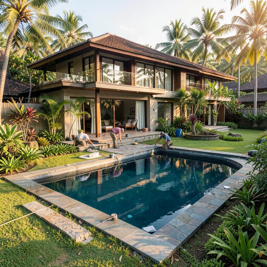 Pool and terrace finishing works at Yeh Gangga Villas, Tabanan, Bali